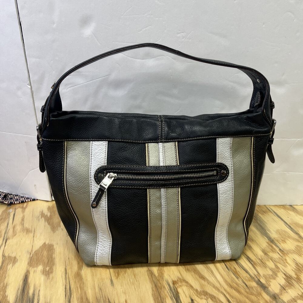 Tignanello Black Striped Pebbled Leather Hobo Bag Shoulder Purse Y2K